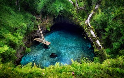 To Sua Ocean Trench, 4k, jungle, lake, tropical forest, Upolu, Samoa, beautiful nature, Samoa landmarks