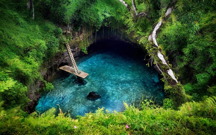 para sua ocean trench, 4k, selva, lago, floresta tropical, upolu, samoa, bela natureza, samoa marcos