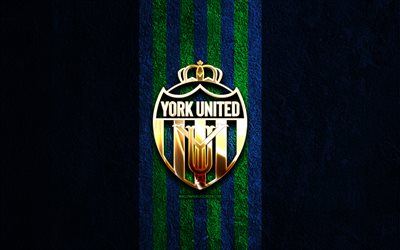 york united logotipo dourado, 4k, pedra azul de fundo, canadian premier league, clube de futebol canadense, york united logotipo, futebol, york united, york united fc