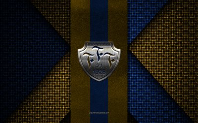 Falkenbergs FF, Allsvenskan, yellow blue knitted texture, Falkenbergs FF logo, Swedish football club, Falkenbergs FF emblem, football, Falkenbergs, Sweden