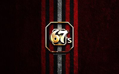 オタワ 67s ゴールデン ロゴ, 4k, 赤い石の背景, ohl, カナダのホッケーチーム, オタワ 67s のロゴ, ホッケー, オタワ 67s