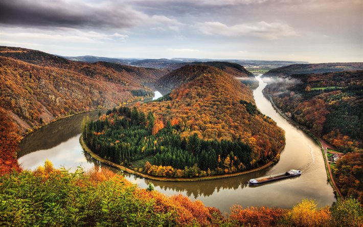 Saarschleife, 4k, beautiful nature, river bend, autumn, forest, Great Bend, HDR, Saar River, Saar landmarks, Germany, Mettlach, Europe