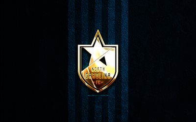 North Carolina FC golden logo, 4k, blue stone background, USL, american soccer club, North Carolina FC logo, soccer, football, North Carolina FC