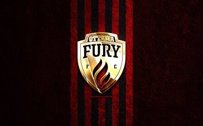 ottawa fury goldenes logo, 4k, roter steinhintergrund, usl, kanadischer fußballverein, ottawa fury-logo, fußball, ottawa fury fc, ottawa fury