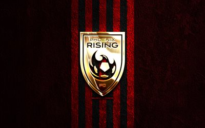Phoenix Rising golden logo, 4k, red stone background, USL, american soccer club, Phoenix Rising logo, soccer, Phoenix Rising FC, football, Phoenix Rising