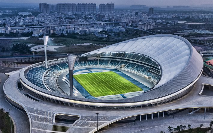 Wuyuan River Stadium, evening, aerial view, football stadium, sports arenas, Hainan, China, Wuyuanhe Stadium