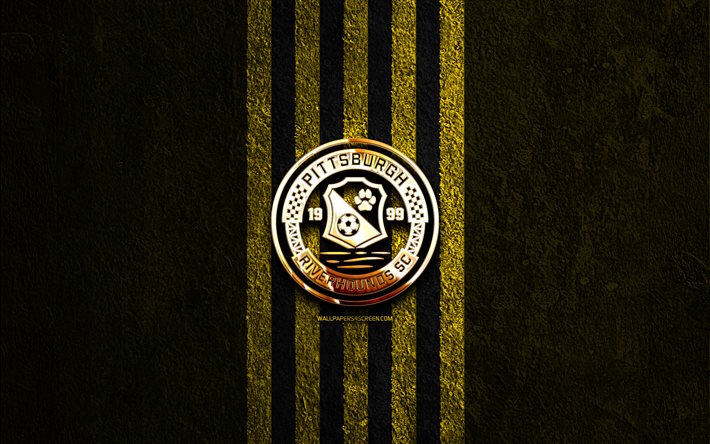 ピッツバーグ リバーハウンド sc ゴールデン ロゴ, 4k, 黄色の石の背景, usl, アメリカン サッカー クラブ, ピッツバーグ リバーハウンド sc のロゴ, ピッツバーグ リバーハウンズ sc, サッカー, フットボール, ピッツバーグ リバーハウンズ fc