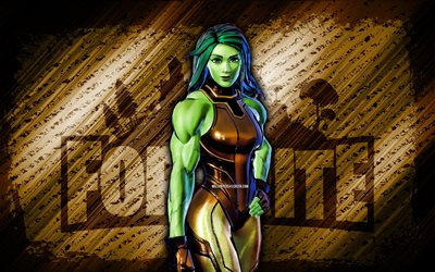 Gold Foil She-Hulk Fortnite, 4k, brown diagonal background, grunge art, Fortnite, artwork, Gold Foil She-Hulk Skin, Fortnite characters, Gold Foil She-Hulk, Fortnite Gold Foil She-Hulk Skin