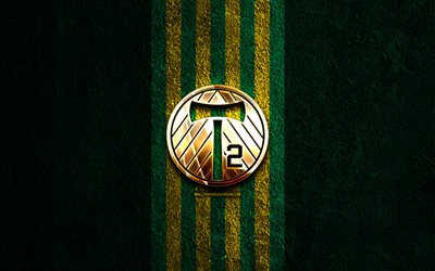 ポートランド ティンバーズ 2 の金色のロゴ, 4k, 緑の石の背景, usl, カナダのサッカークラブ, ポートランド ティンバーズ 2 のロゴ, サッカー, ポートランド・ティンバーズ 2 fc, フットボール, ポートランド ティンバーズ 2