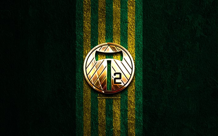 portland timbers 2 gyllene logotyp, 4k, grön sten bakgrund, usl, kanadensisk fotbollsklubb, portland timbers 2 logotyp, fotboll, portland timbers 2 fc, portland timbers 2