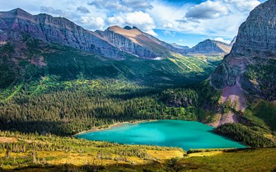 Grinnell Lake, summer, lakes, mountains, Glacier National Park, beautiful nature, american landmarks, USA, America