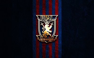 real monarchs の金色のロゴ, 4k, 青い石の背景, usl, アメリカン サッカー クラブ, リアル君主のロゴ, サッカー, レアル・モナークスfc, フットボール, 真の君主