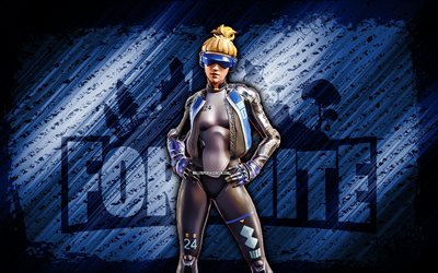 Neo Versa Fortnite, 4k, blue diagonal background, grunge art, Fortnite, artwork, Neo Versa Skin, Fortnite characters, Neo Versa, Fortnite Neo Versa Skin