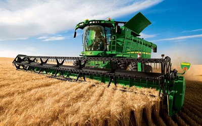 John Deere S670, Combine harvester, wheat field, wheat harvest, harvesting, green harvester, agricultural machinery, harvester in the field, John Deere