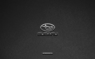 Subaru logo, gray stone background, Subaru emblem, car logos, Subaru, car brands, Subaru metal logo, stone texture