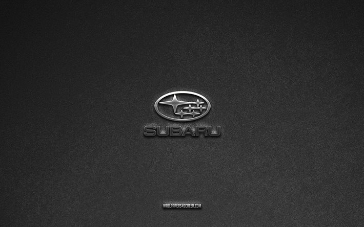スバルのロゴ, 灰色の石の背景, スバルのエンブレム, 車のロゴ, スバル, 車のブランド, スバルメタルロゴ, 石のテクスチャ
