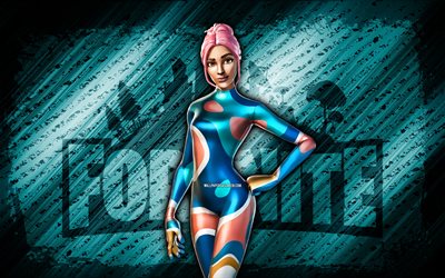 Party Diva Fortnite, 4k, blue diagonal background, grunge art, Fortnite, artwork, Party Diva Skin, Fortnite characters, Party Diva, Fortnite Party Diva Skin