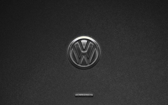 volkswagen logosu, gri taş arka plan, volkswagen amblemi, araba logoları, volkswagen, araba markaları, volkswagen metal logo, taş doku