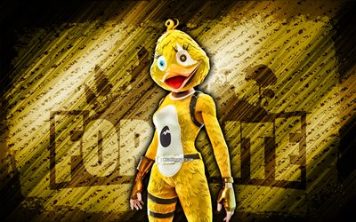 quackling fortnite, 4k, amarelo diagonal de fundo, grunge arte, fortnite, obras de arte, quackling skin, personagens de fortnite, quackling, fortnite quackling skin