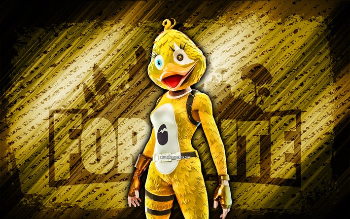 quackling fortnite, 4k, fondo diagonal amarillo, arte grunge, fortnite, obras de arte, quackling skin, personajes de fortnite, quackling, fortnite quackling skin