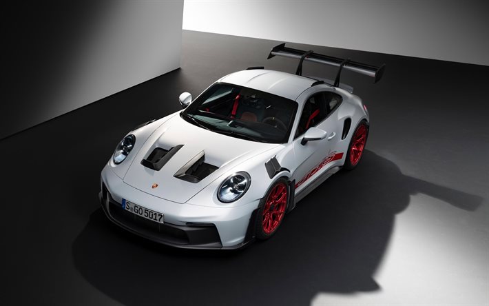 2023년, 포르쉐 911 gt3 rs, 4k, 평면도, 외부, 경주용 자동차, 흰색 911 gt3 rs, 독일 스포츠카, 포르쉐