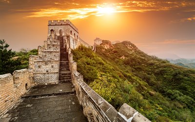 great wall of china, 산, 일몰, 중국, 자연 중국에서