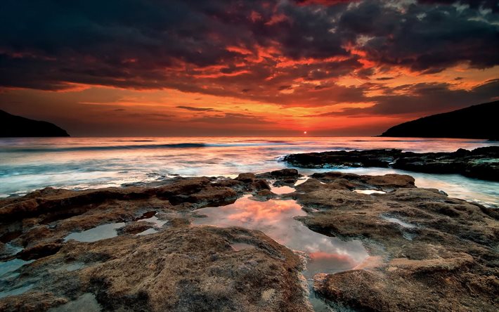 sunset, sea, nature, orange, coast, stones, the sky, clouds