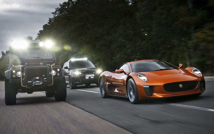 2015, jaguar, c-x75, konsepti, range rover, urheilu, svr, land rover, puolustaja, rata, valot, valo