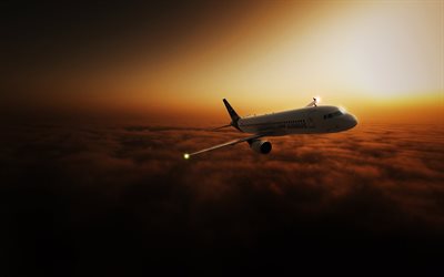 airbus, lentokone, a320, lento, auringonlasku, taivas
