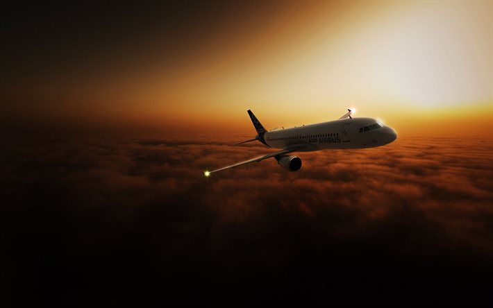 airbus, a320, uçak, uçuş, Gün batımı, gökyüzü