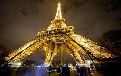 Eyfel Kulesi, Fransa, paris, gece, parlak ışıklar