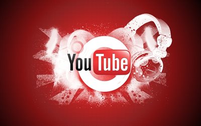ヘッドフォン, youtube, ロゴ, 赤の背景