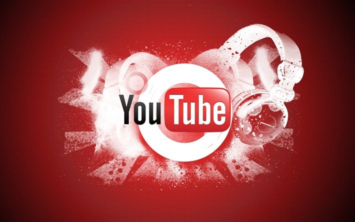 ヘッドフォン, youtube, ロゴ, 赤の背景