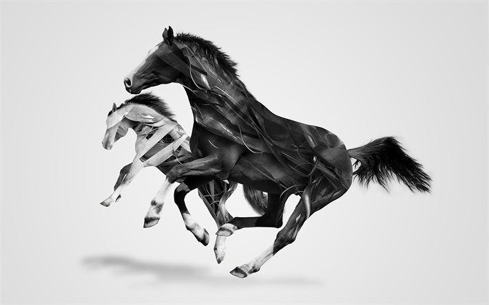 hevoset, abstraktio, harmaa tausta