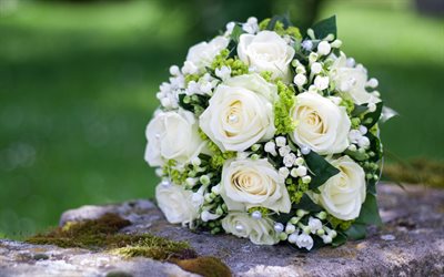 wedding bouquet, stone, white roses