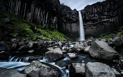svartifoss, iceland, black falls, black waterfall, stones, rock