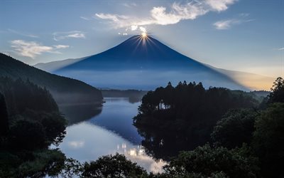 朝, 夜明け, 火山, 富士山, 本州, 日本