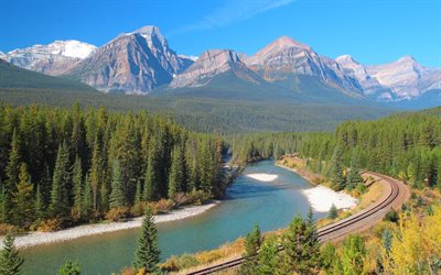 forest, mountains, the river bou, canada, bow river