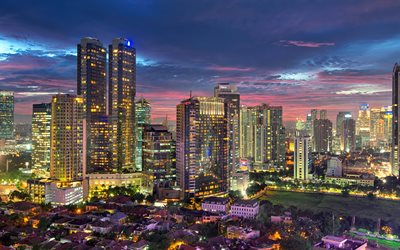 rascacielos, yakarta, la capital, la noche, indonesia, filipinas, jakarta