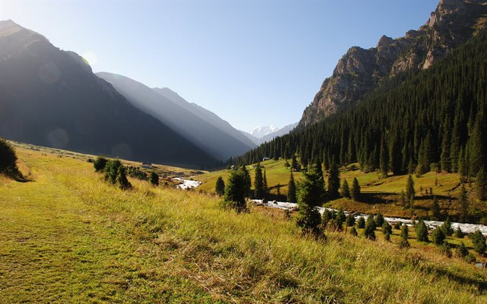 montanhas, o desfiladeiro altyn, arashan, karakol, quirguistão, vale