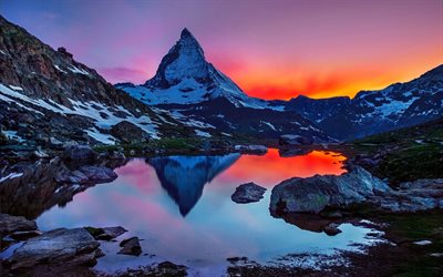 les montagnes, le cervin, les alpes, la suisse, coucher de soleil, suisse