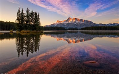 canada, banff, national park, calm, jack lake, sunset, lake jack