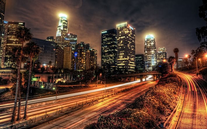 高層ビル群, 灯り, 夜, ロサンゼルス, ｃａ, 米国