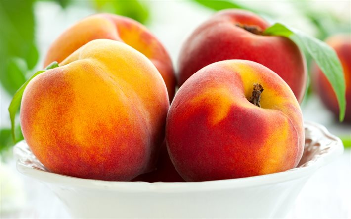 frukt, persikor, tallrik