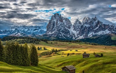 the alpe di siusi, alps, the dolomites, mountains, the sky, the slopes, italy