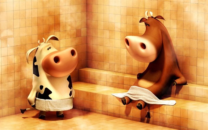 mucche, bagno, creative