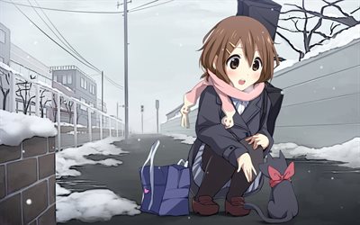 invierno, niña, perro, anime, k-on