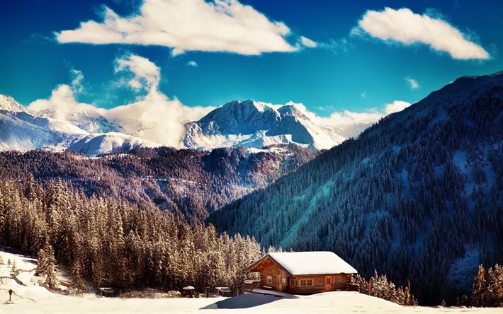 the house, clouds, winter, snow, mountains, forest, the slopes