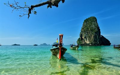 krabi, railay beach, thaïlande, bateau, rivage, mer, la plage