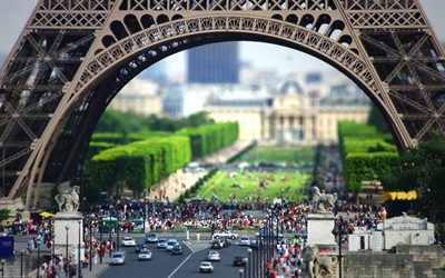 프랑스, 파리, 사람들, 에펠 타워, 도로, 기계, 틸트–shift